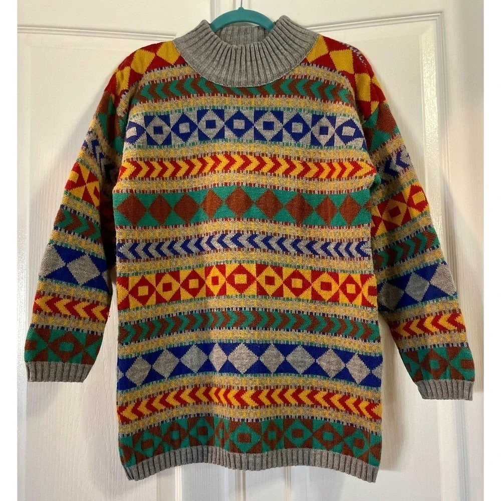Vintage Lerner! Sweater Womens Large Multicolor Geometric Mock Neck 80s‎